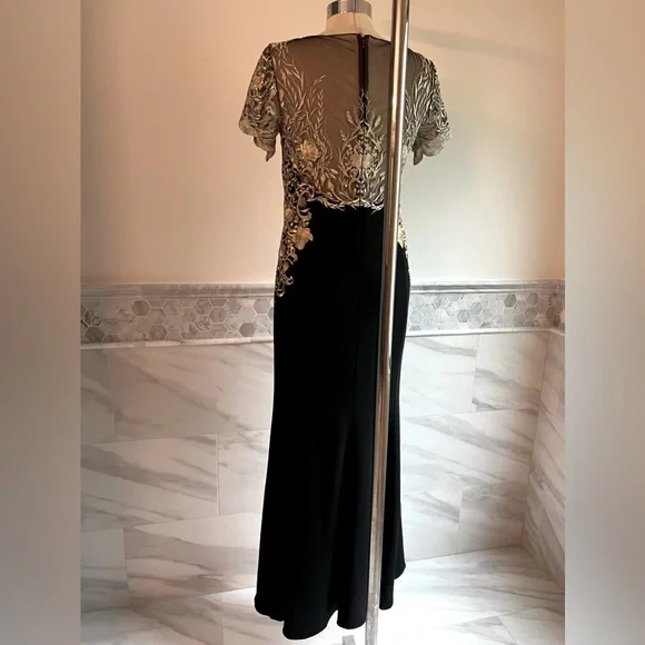 Marchesa Notte Mermaid Black Stretch Crepe and Gold Lace Embroidered Ball Gown 8 - Picture 7 of 16